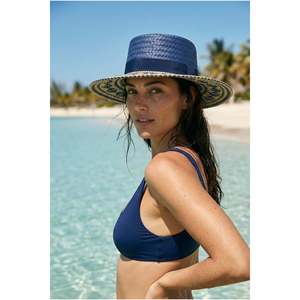 Sombrero Panamá de Paja, Azul Marino, Estampado, Ala Ancha, Sombrero de Verano HSR2121 - HSR2121-NAVY BLUE - Product Image 5