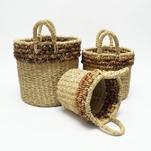 Natural Water Hyacinth Recycled <b>Plastic</b> Storage <b>Basket</b> Set Brown Beaded Rim Arch Handle Pot Planter Setup Pure Art Design - Product Image 1