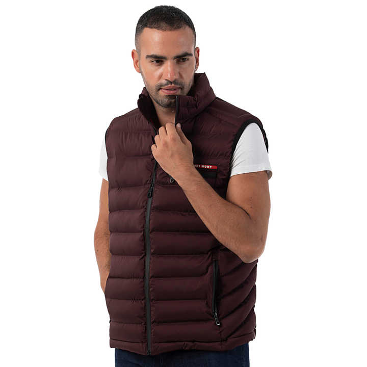 Men's Navy Short Straight Collar Hoodless Insulated Water-Resistant Front Pocket Red-Lined Quilted Vest 9573