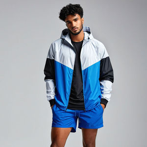 Conjunto de Chaqueta Cortavientos y Pantalones Cortos Deportivos para Hombre, Diseño Color Block, Transpirable, Resistente al Viento, con Capucha, 2 Piezas - Product Image 4