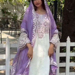 Top <b>Ratting</b> White Purple Palazzo Pair In Embroidery Work On Georgette Fabric For Indian Pakistani Womens Wear In Wedding, party - Product Image 1