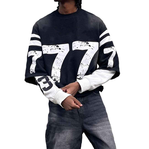 High Quality Custom Hip Hop Vintage Double Layer <b>Knitted</b> 100% Cotton Acid Wash Heat-Transfer Printed 2 1 Short Sleeve T Shirt - Product Image 2