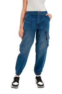 Pantalon cargo en jean taille haute sur mesure pour femme, couleur unie, respirant, style devant plat, service OEM - Product Image 5