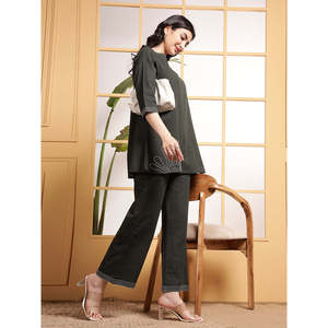 Ensemble coordonné Deebco pour femmes en coton vert olive uni, haut brodé avec pantalon palazzo, tenue en 2 pièces, vêtements décontractés quotidiens, style occidental - Product Image 2