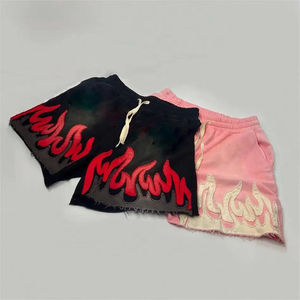 Pantalones cortos planos con cordón para exteriores, bolsillos laterales lavados con desteñidos al sol, parches de llama inferiores de Terry francés, pantalones cortos para hombre - Product Image 3