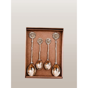 Juego de Cuchara y Tenedor para Postre de Latón Hecho a Mano, 4 Piezas, Mango con Diseño de Girasol, Venta al por Mayor para Cenas Festivas al Mejor Precio - Product Image 1