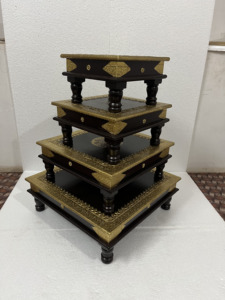 Handmade Handicraft Wooden Half Brass Fitted Inlay Bajot Chowki Set Of 4 For Pooja <b>Unit</b> Wedding Gift Indoor Use Home Decor - Product Image 2