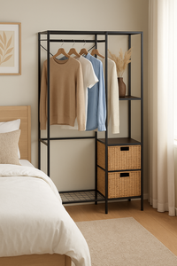 Perchero de metal para ropa con cesta de almacenamiento de ratán PE | Perfecto para tu dormitorio - Product Image 1