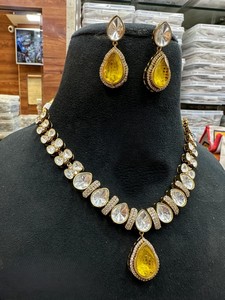 Indian Jewellery Gold Plated Designer Moissanite Necklace <b>Set</b> with Earrings Bridal Jewelry for Wedding & Party Celebration - Product Image 2