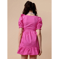 Vestidos midi rosas de verano para mujer, personalizados, tejidos, ecológicos, con cuello en V, cintura con volantes elásticos, cómodos y con mangas abullonadas.