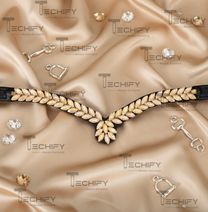 Bandeau de tête de cheval en cuir noir de luxe avec feuille de cristal champagne en forme de V |   Accessoire de bride équestre haut de gamme - Product Image 4