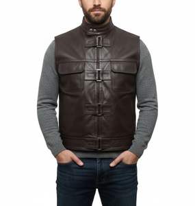 Gilet de motard en cuir véritable noir de qualité supérieure pour homme, sans manches, col montant, sans manches, avec fermeture éclair sur le devant et fermeture à boucle - Product Image 4