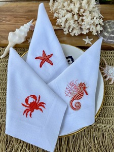 Servilletas de cena de lino Hemstitch, servilleta bordada de animales marinos, uso doméstico con langosta, cangrejo, pez, tema de la vida marina - Product Image 2