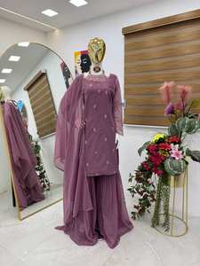 Nouveau concepteur fête haut Palazzo & Dupatta ensemble renard Georgette broderie séquence cou rond lancement Kurti-Sarara lancement - Product Image 2