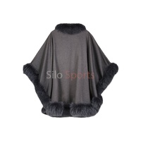 Cape longue en cachemire et laine noire pour femme, finition OEM, douce, avec bordure en fourrure de renard, épaisse, faible MOQ, mode hiver chauffante