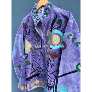 Unisex Short Suzani <b>Velvet</b> Jacket with Floral Embroidery Stand Collar and Cotton Lining for Spring Season - Product Image 4