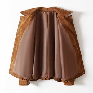 Chaqueta de cuero de gamuza de piel de oveja marrón acolchada de lujo para mujer dobladillo elástico corto con característica transpirable marrón - Product Image 3