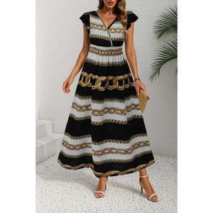 Women's Short Sleeve Wrap Neck <b>Elastic</b> Waist Patterned Maxi Length Knitted Crepe <b>Dress</b>, 25864 - Product Image 1