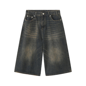 Demi-pantalon vintage personnalisé pour hommes, jorts de travail amples, fermeture à cordon, short en jean baggy solide, mode streetwear d'été - Product Image 5