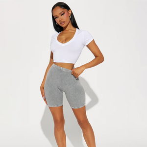 Nuevo estilo para mujer, pantalones cortos de punto de nuevo diseño gris con logotipo personalizado, conjunto de pantalones cortos, ropa de yoga, conjunto de entrenamiento acanalado - Product Image 1