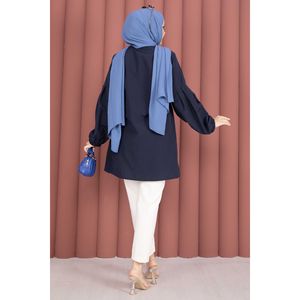 Túnica Azul Marino de Popelina para Mujer, Camisa Casual con Cuello, Estampado de Moda en Algodón, Botones, Cintura Fruncida, Holgada para Otoño, Talla XL - Product Image 5