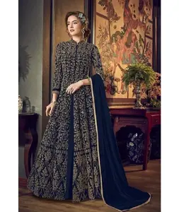 印度民族穿厚网材料长阿纳卡利长袍，配花式刺绣作品巴基斯坦设计师婚礼萨尔瓦·卡梅兹