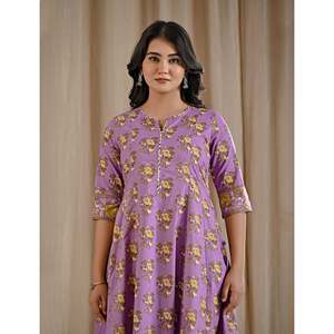 Conjunto de Kurta y Pantalón de Algodón Estampado Morado Jaal para Niñas, Traje Tradicional Étnico Salwar Kameez para Fiestas y Ocasiones Especiales, Hecho de Tela de Red - Product Image 1
