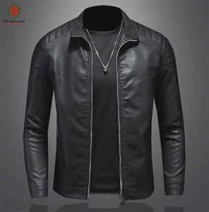 Blouson aviateur en cuir pour homme, coupe ajustée, uni, hiver, col mandarin, fermeture éclair |   Noir - Product Image 1