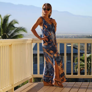 2023 cravate teinture florale sans manches plage Maxi robe pour les femmes décontracté vacances ample dos nu robe d'été tissé parole longueur robe - Product Image 4