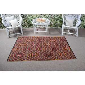 Alfombra Turca de 3.6x5.3 pies, Alfombra Sólida Roja y Azul de Lana - Product Image 3