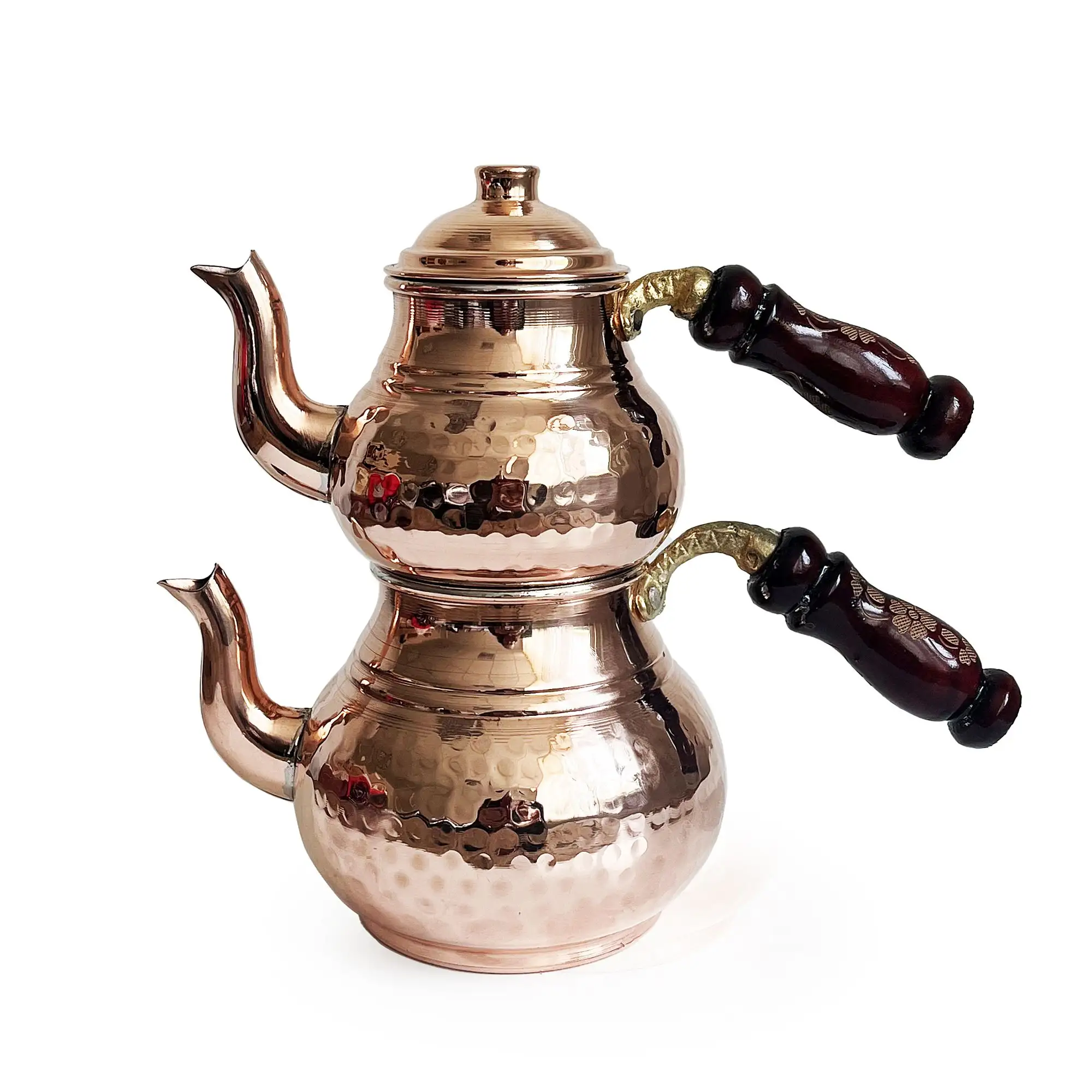 Cuisinière turque en cuivre classique martelée à la main, bouilloire à thé, ensemble de théière couleur cuivre