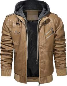 Blouson aviateur décontracté en cuir PU pour homme avec col montant, veste zippée d'hiver avec capuche amovible et poches pour homme - Product Image 5