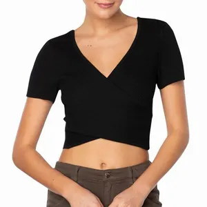 Hot Sale 2024 Short Sleeve Solid Color Ribbed Fabric Sexy Deep V Neck T-shirt Crop Tops For Women