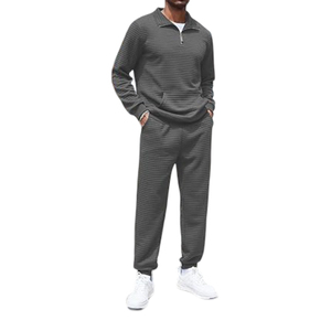 Venta al por mayor hombres corriendo logotipo personalizado gris oscuro hombres chándal cuarto cremallera chándal entrenamiento cuadros Jacquard Jogging traje conjunto - Product Image 2