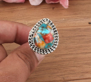 Natural Spiny Oyster Agate Bezel Setting Wedding <b>Ring</b> 925 <b>Sterling</b> <b>Silver</b> Wide Band Unisex Wholesale Handmade - Product Image 1