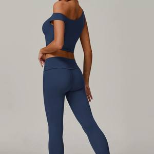 Customize <b>Seamless</b> 2pcs Yoga <b>Set</b> High Support Sports Bra One Shoulder Crop <b>Top</b> Activewear Pleated Waist Yoga <b>Leggings</b> Pants <b>Sets</b> - Product Image 4