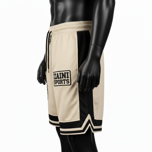 Pantalones cortos de baloncesto para hombre de malla de poliéster transpirable GSM premium, color crema beige con paneles laterales negros y logotipo personalizado con serigrafía. - Product Image 3