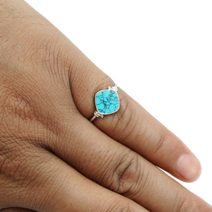 Natural <b>Turquoise</b> Gemstone 925 Sterling Silver Bezel Set Cushion Shape Classy Boho <b>Ring</b> for Woman December Birthstone Jewelry - Product Image 2