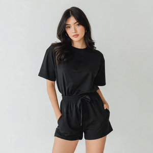 เสื้อทีเชิ๊ตผู้หญิงโอเวอร์ไซส์เปิดไหล่เสื้อทีเชิร์ตกางเกงขาสั้นสองชิ้นสำหรับใส่วิ่งออกกำลังกาย - Product Image 3