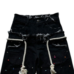 Shorts en coton à double taille pour homme, style streetwear, lavage à l'acide avec strass, tricotés - Product Image 6