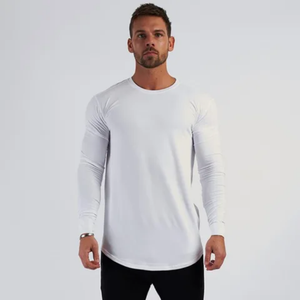 T-shirt de sport décontracté pour homme, manches longues, 100% coton, séchage rapide, coupe ajustée, couleur unie, avec poche, tricoté - Product Image 1