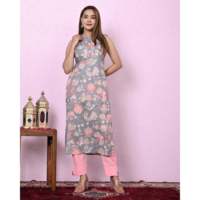 Kurta en coton gris à imprimé floral pour femme avec pantalon rose, tenue ethnique décontractée, coupe régulière, longueur cheville, style traditionnel