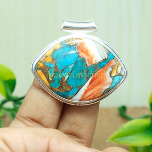 Large Blue Orange Oyster Copper Turquoise Pendant 925 Sterling <b>Silver</b> Handmade Statement Pendant <b>Necklace</b> Gift Jewelry <b>For</b> <b>Men</b> - Product Image 5