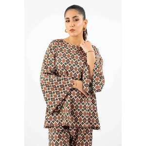 Conjunto de Traje de Lino Estampado de 2 Piezas sin Costuras para Mujer, Color Naranja - Product Image 5