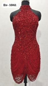 Luxury <b>Red</b> Evening <b>Gown</b> with Hand Beaded Crystal Lines - Product Image 3