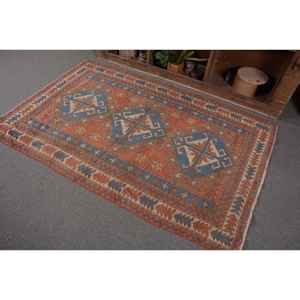 Vintage Turkish Kilim <b>Rug</b> Red Blue Patchwork Design Large Area 4x6 ft <b>Seagrass</b> Material Latex Backing for Hallway Room Decor - Product Image 3