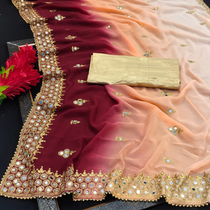 Cermin Pakaian Pesta Kerja <span class=keywords><strong>Saree</strong></span> Tradisional dengan Bordir Kerja Renda Perbatasan Blus