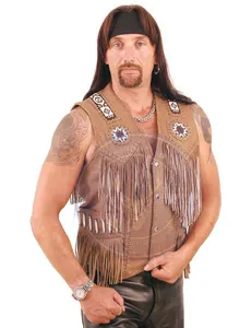 Gilet authentique en cuir véritable marron pour homme, frangé, perlé, fait à la main, style western américain, veste tactique d'hiver - Product Image 1
