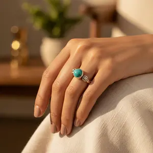 Bague en argent 925 avec grappe de turquoise pour femmes, bijoux fantaisie bohème avec pierre précieuse taillée, matériau platine - Product Image 3