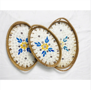 Plateau rond décoratif en rotin avec incrustations de nacre de luxe, plateau de service pour table basse, ottoman, décoration d'intérieur, plat artisanal - Product Image 5